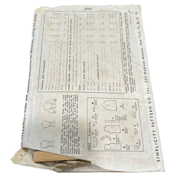 Vintage Simplicity 3092 1950s Womens Blouse Sewing Pattern Size 20 - Picture 2 of 3